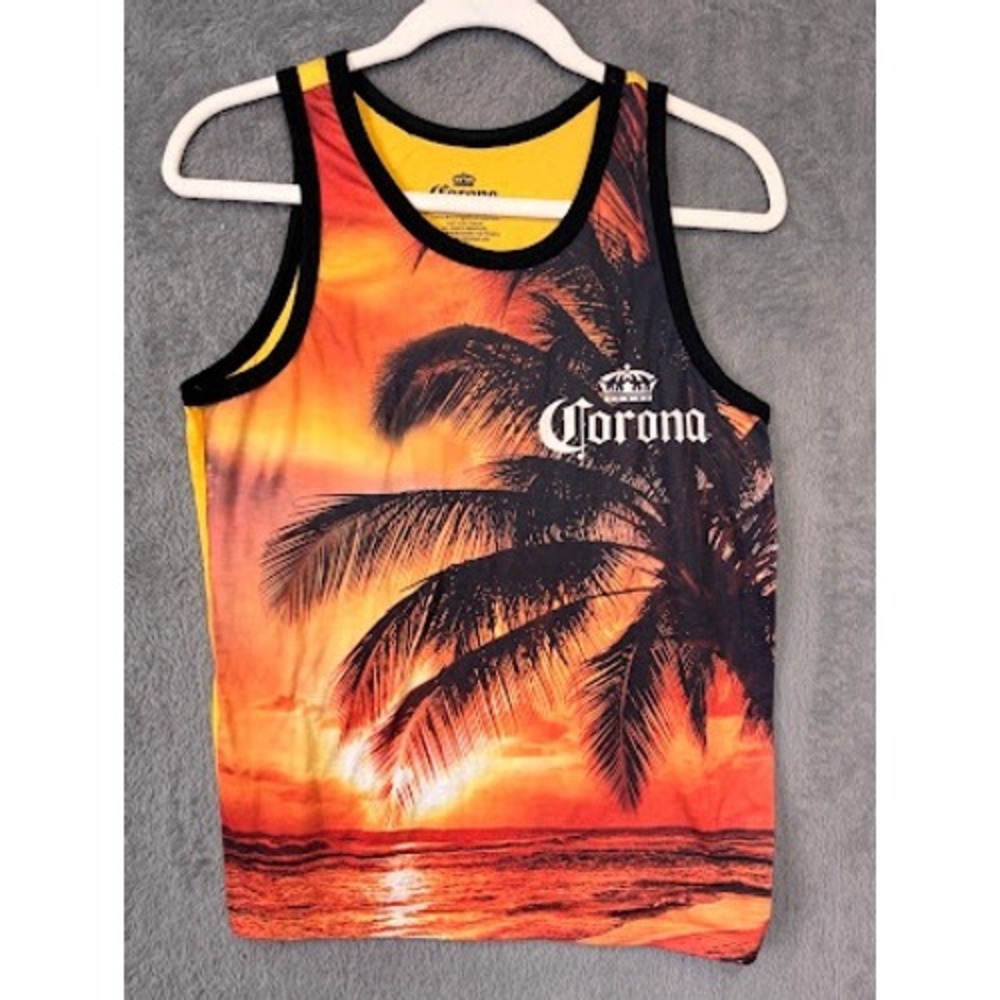Corona Extra Mens Small Yellow Tropical Sunset Palm Tree Graphic Tank Top